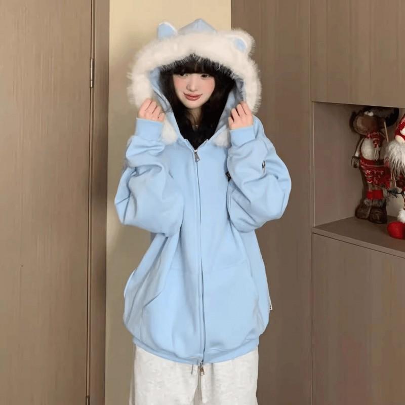 Unisex Hooded Jacket With Detachable Cat Ear Faux Fur Trim Loose Fit Streetwear