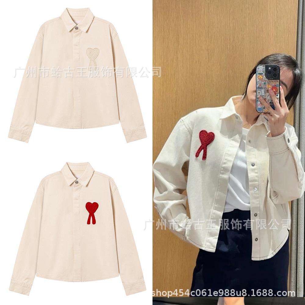 AMI CLAMS 25 Весна/Осень Джинсовая куртка с вышивкой в виде сердца - Унисекс Свободный крой Повседневная