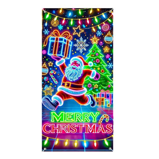 Fluorescent Christmas Door Cover 71x35 Inch Glow In The Dark Door Banner with Santa Tree Gift Box for Winter Front Door Party Wall Decor