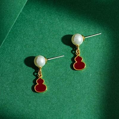 Изысканные серьги-кисточки из жемчуга и красной эмали в форме тыквы - Элегантное ювелирное изделие в китайском стиле, подарок
