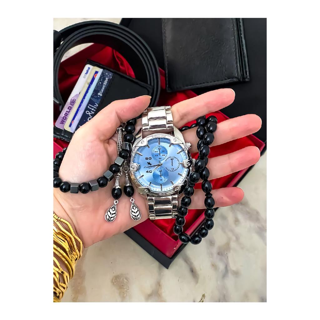 Men's Watch Card Holder Belt Wallet Prayer Beads Bracelet Suit Combination Set Gift For Lovers Engagement Special