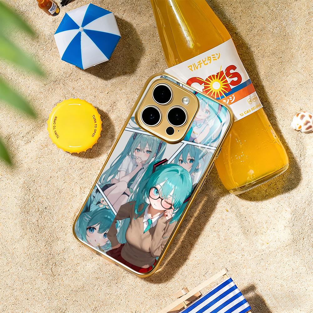 Japan beauty M-MikuES cute girl anime Phone Case For iphone 17 16 15 14 13 12 11Pro Plus Max Gold-plated glass Phone Case