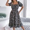 Women's Fashion Floral Print Square Neck Short Sleeve Waisted Ruffled A-Line Skirt