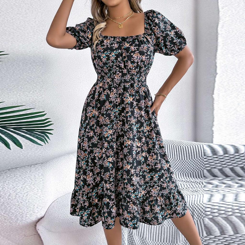 Women's Fashion Floral Print Square Neck Short Sleeve Waisted Ruffled A-Line Skirt