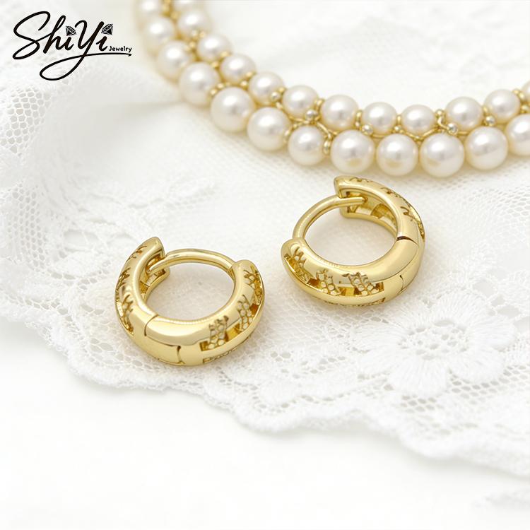 14K Gold Plated Brass Trendy Geometric Chunky Huggie Hoop Earrings Openwork Hammered Textured Unisex Daily Wear Party Fashion