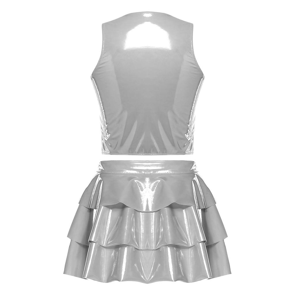 Women PU Crop Top and Skirt Set Front Dual Zippers Sleeveless Vest Top Open Front Tiered Ruffled Hem Miniskirt