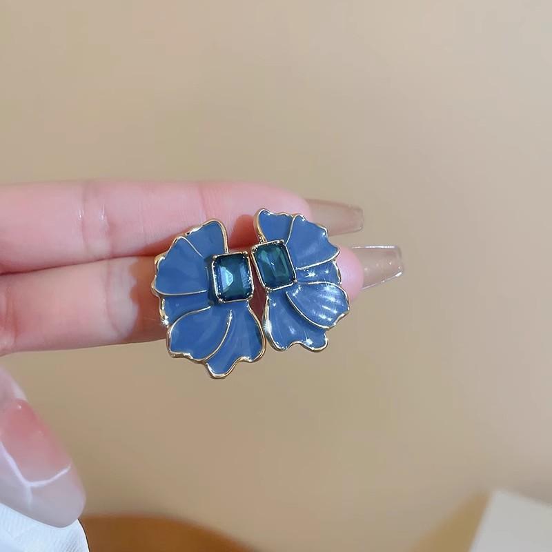 New French Retro Rhinestone Blue Oil Flower Drop Stud Earrings Fashion Cute Alloy Stud Earrings For Women Jewelry Gifts