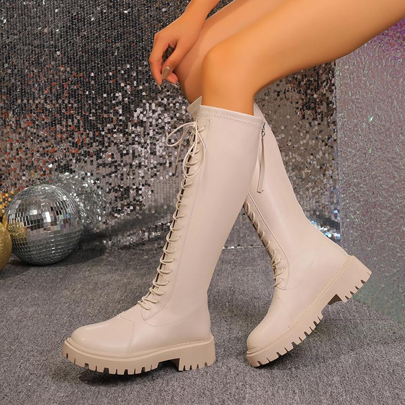 Сапоги из искусственной кожи до колена, женские, осенне-зимние, с молнией сзади, мотоциклетные, женские, бежевые, черные, теплые, нескользящие, длинные, Botas Mujer