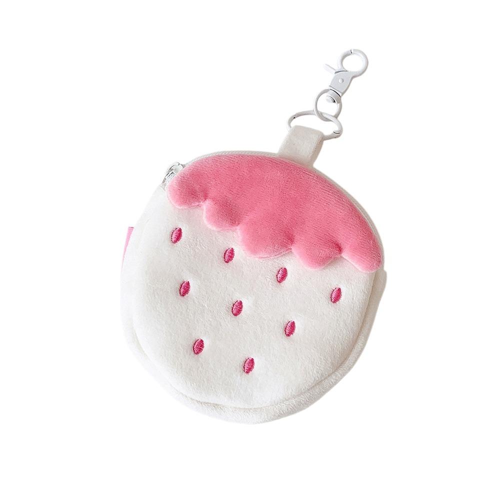 Zipper Design Plush Strawberry Keychain Lipstick Card Bag Earphone Bag Gift Giving