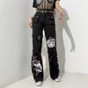 Cool Street Style Design Print Metal Button Denim Trousers