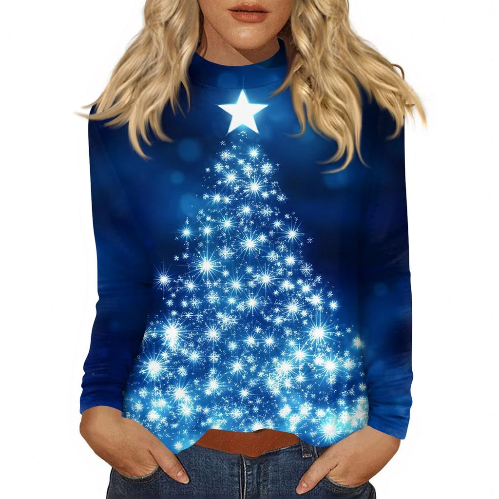 Women Fall Casual Long Sleeve Shirts Sweatshirt Vintage Printed High Neck Top Pullover