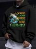 American Western Style unisex Autumn Winter Print Hooded Long Sleeve Sweatshirt, Big Mouth Sea Fish Fun Fishing Slogan Print Hoodie, Exclusive Item fo