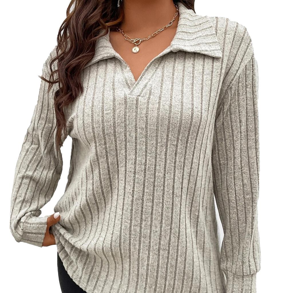 GMXIA Женская мода, повседневная футболка большого размера с однотонным принтом, осень-зима, с длинным рукавом, v-образным вырезом, матовая футболка с полосками, свободные свитера