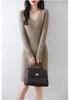 Women's Mid-Length V-Neck Pure Wool Ribbed Dress - Autumn/Winter Slim-Fit, Waist-Cinched, Versatile Knitted Base Layer.