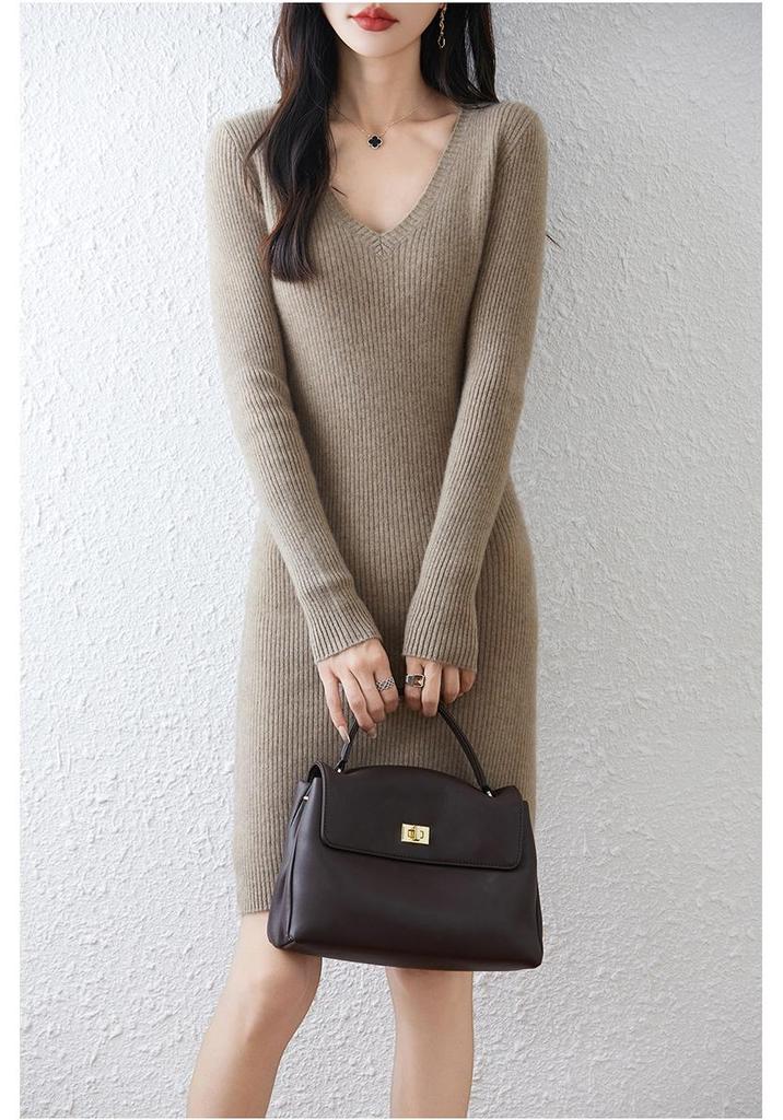 Women's Mid-Length V-Neck Pure Wool Ribbed Dress - Autumn/Winter Slim-Fit, Waist-Cinched, Versatile Knitted Base Layer.