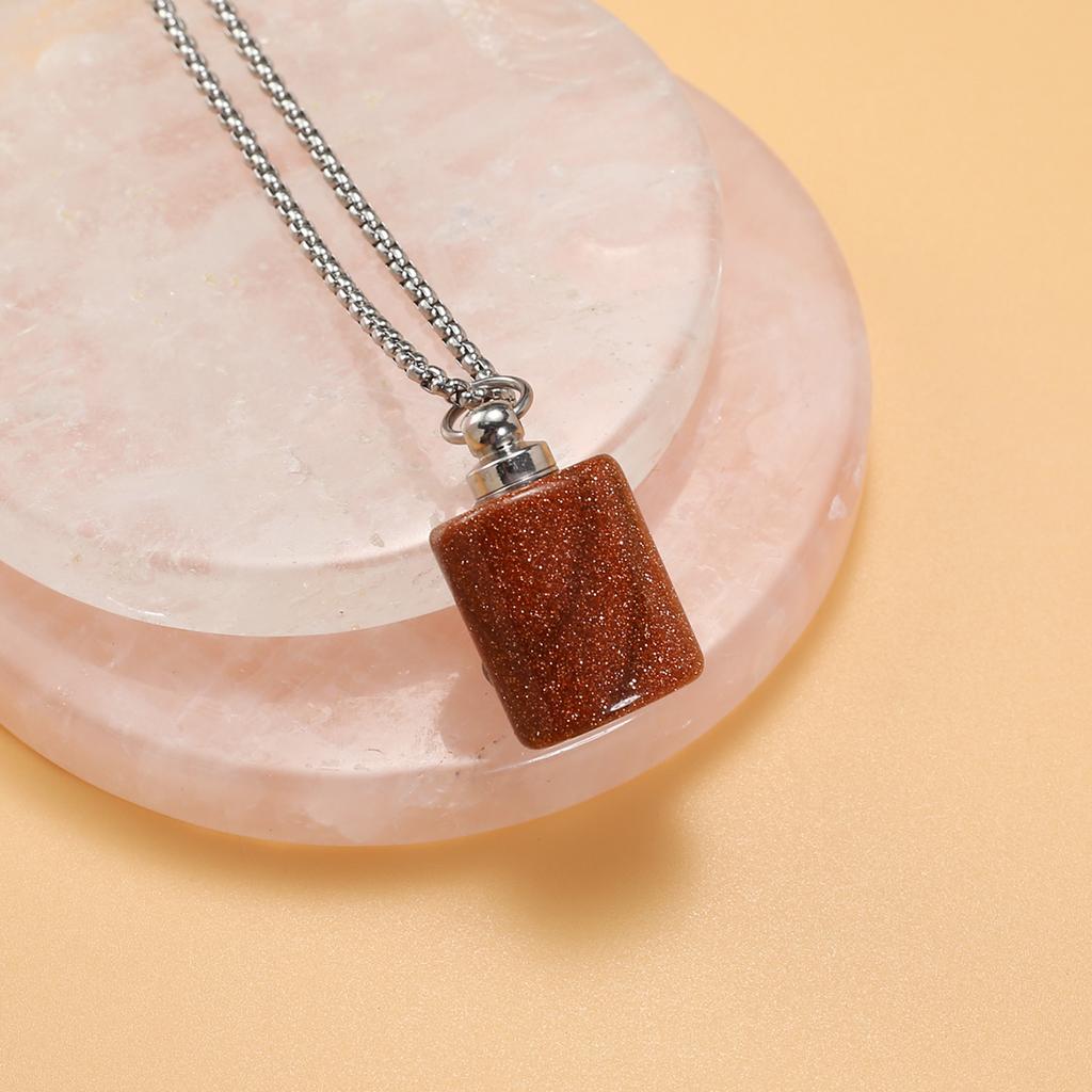 1Pc Healing Crystal Perfume Bottle Necklace Pendant Flat Cylinder Charm Silver Chain Necklaces for Women Jewellery 30x18mm