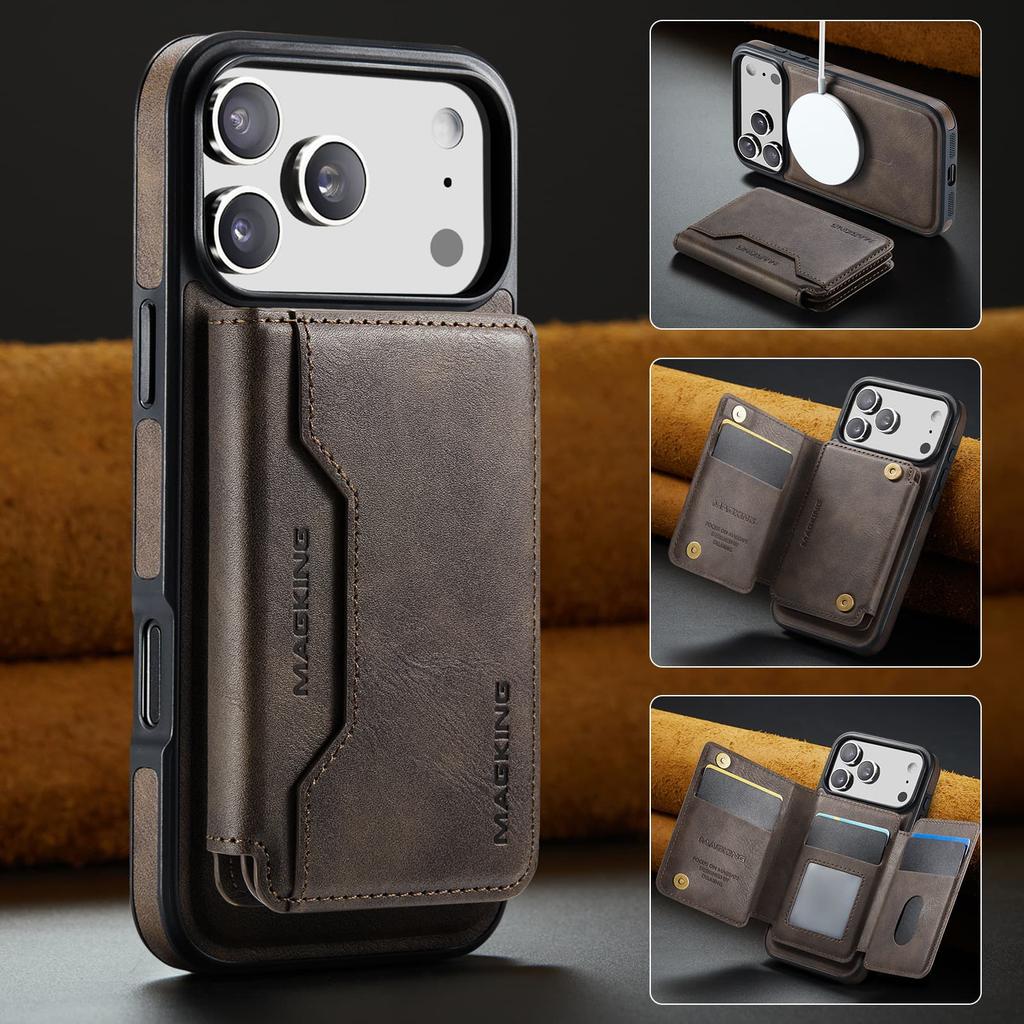 Magnetic Attraction Leather Case for iPhone 17 Pro Max 16E Air 16 15 Plus 14 Pro 13 12 Detachable Card Bag Holder Phone Cover