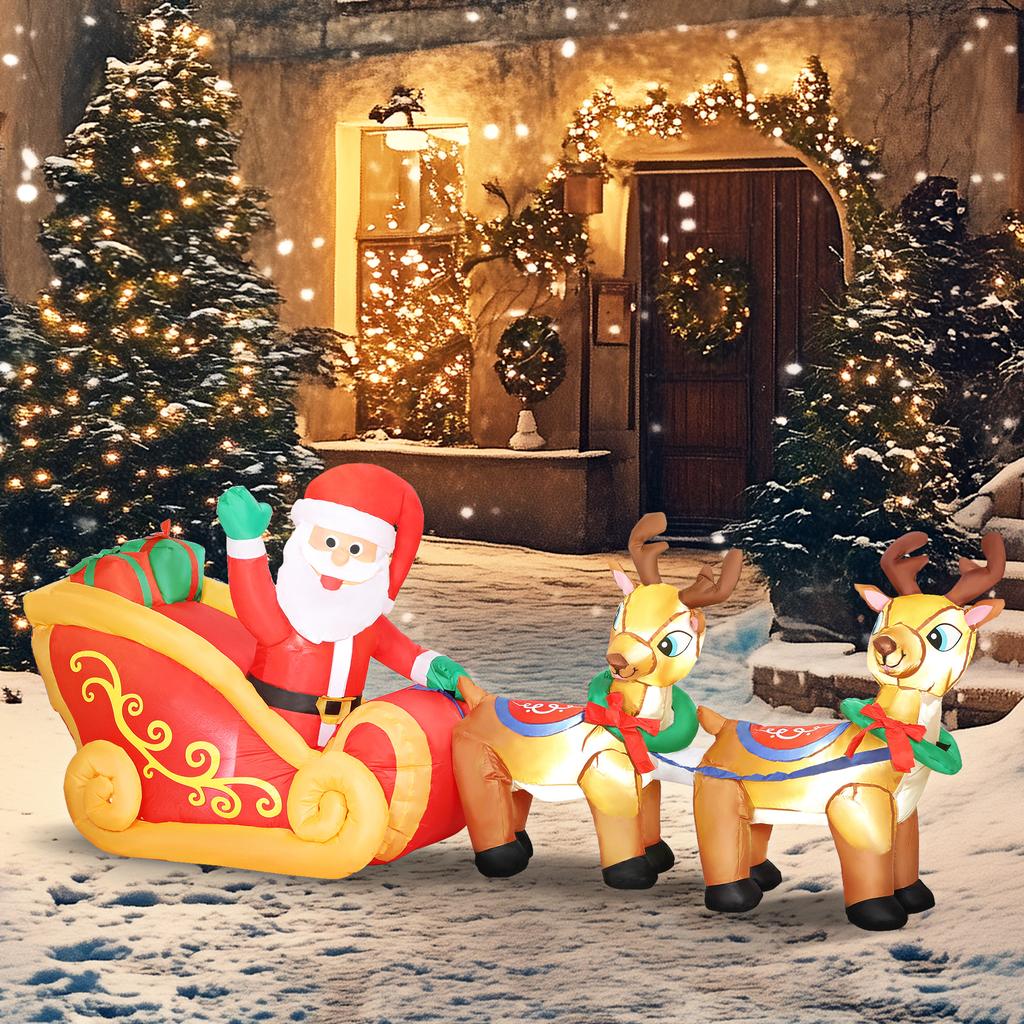 7.9ft Christmas Inflatable Santa on Sleigh with Two Reindeer, Outdoor Christmas Blow Up Decoration with Built-in LED Lights for Garden
