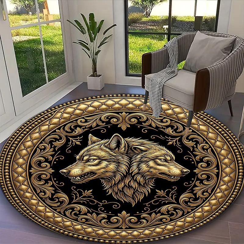 [Frosty White Wolves Golden Dual Wolf Printed Carpet] Durable Home and Office Round Rug, Kitchen Farmhouse Decorative Floor Mat