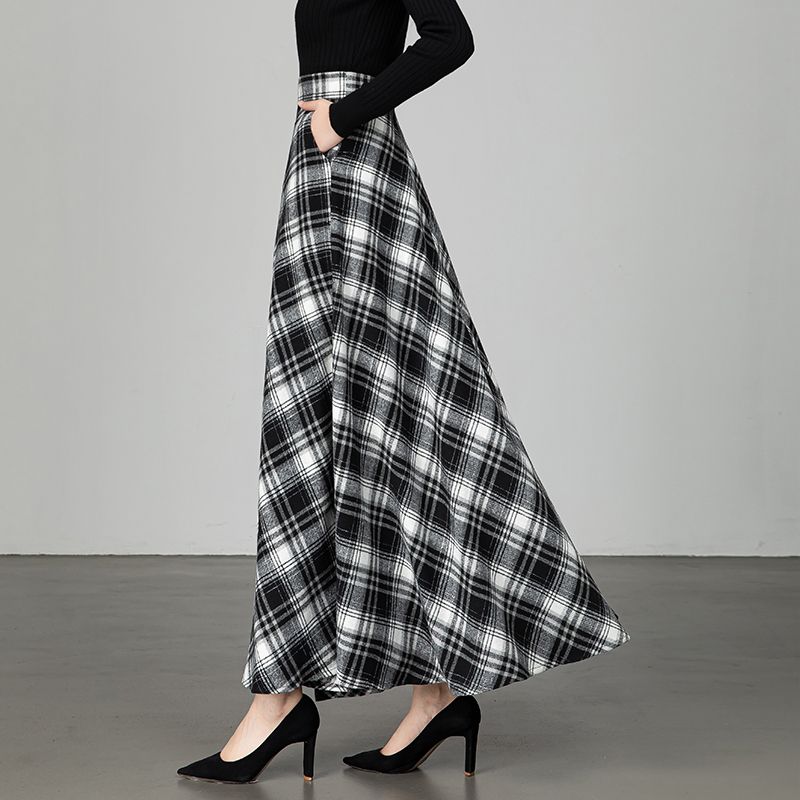 New Woolen Plaid Skirt for Women Mid-length Autumn and Winter Slimming High-waisted A-line Skirt Casual Long Skirt