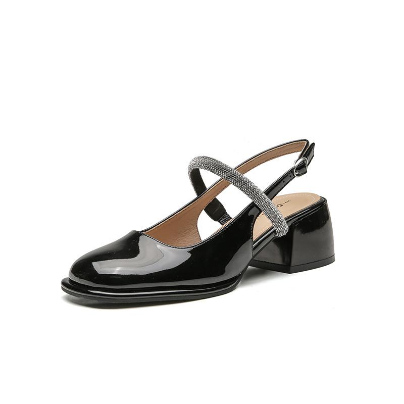 Летние босоножки Мэри Джейн на высоком каблуке с ремешками, украшенными кристаллами, 2024 г. Новые повседневные босоножки Baotou на квадратном каблуке среднего размера 34-40