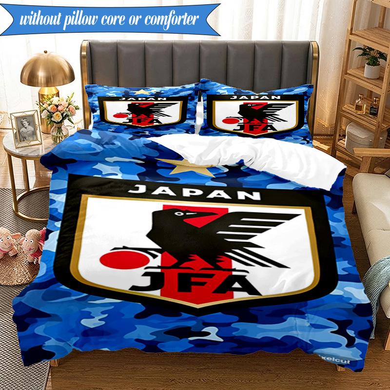 3PCS Japan Football Association Emblem Bedding Set 2D Printing (Includes 1 Duvet Cover + 2 Pillowcases Coreless), Bedroom decor,Fan gift