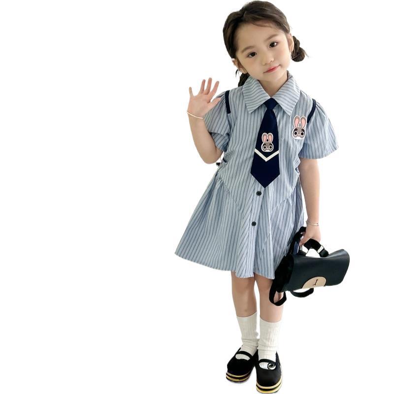 Girls Summer Polo Collar Striped Dress With Rabbit Print Preppy JK Uniform For Big Kids