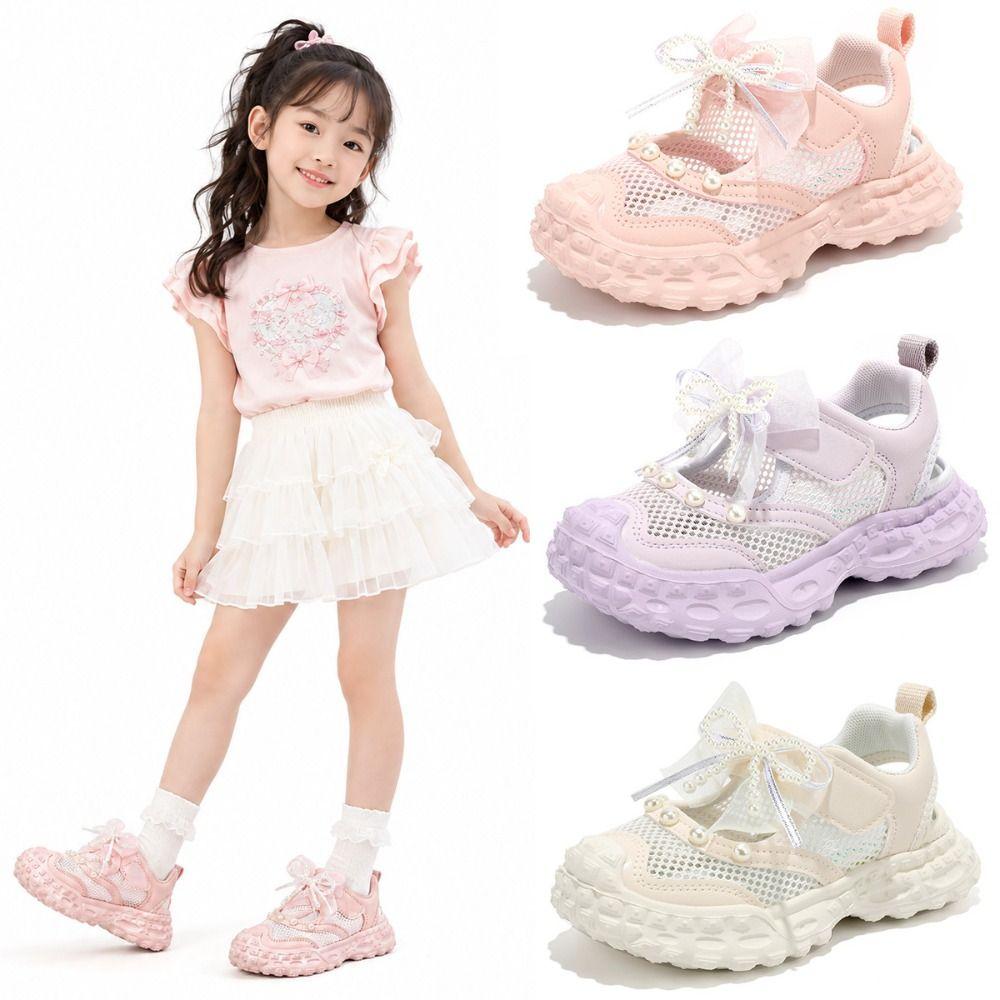Bows Pearls Girls' Princess Sandals Breathable Kids Mesh Sneakers New Children Baotou Shoes  Summer