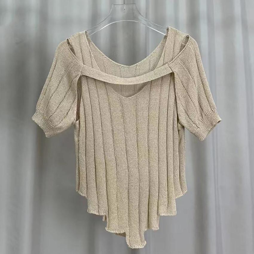 Вязаный свитер с короткими рукавами, надеваемый через шею, женский, с дизайнерским чувством, свитер, весенняя базовая рубашка, облегающий, уникальные топы, повседневный, необходимый, облегающий крой, пуловеры, футболки