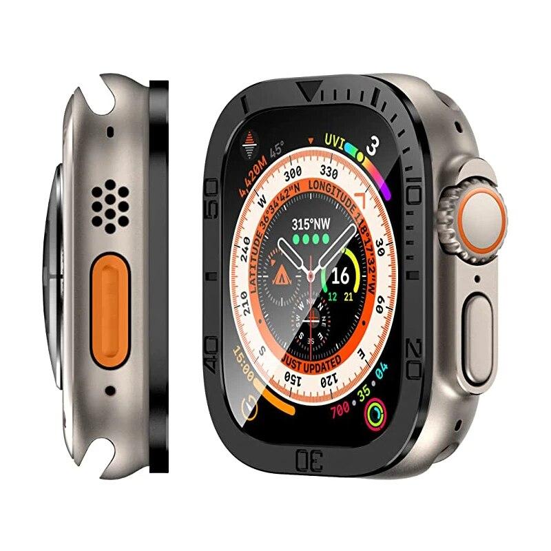 Защитная пленка для экрана для Apple Watch Ultra 49 мм, аксессуары для корпуса, металлическая рамка + закаленное стекло для iWatch Ultra 2, кольцо безеля 49 мм