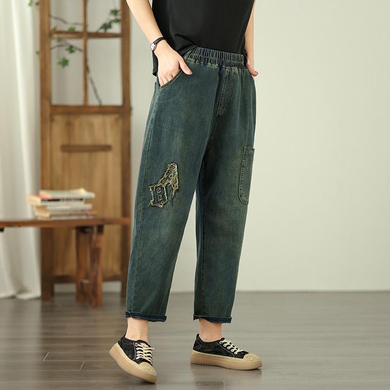 Dimanaf 2025 Летние джинсы больших размеров для женщин, эластичные базовые длинные брюки, джинсовые свободные шаровары, повседневные синие брюки