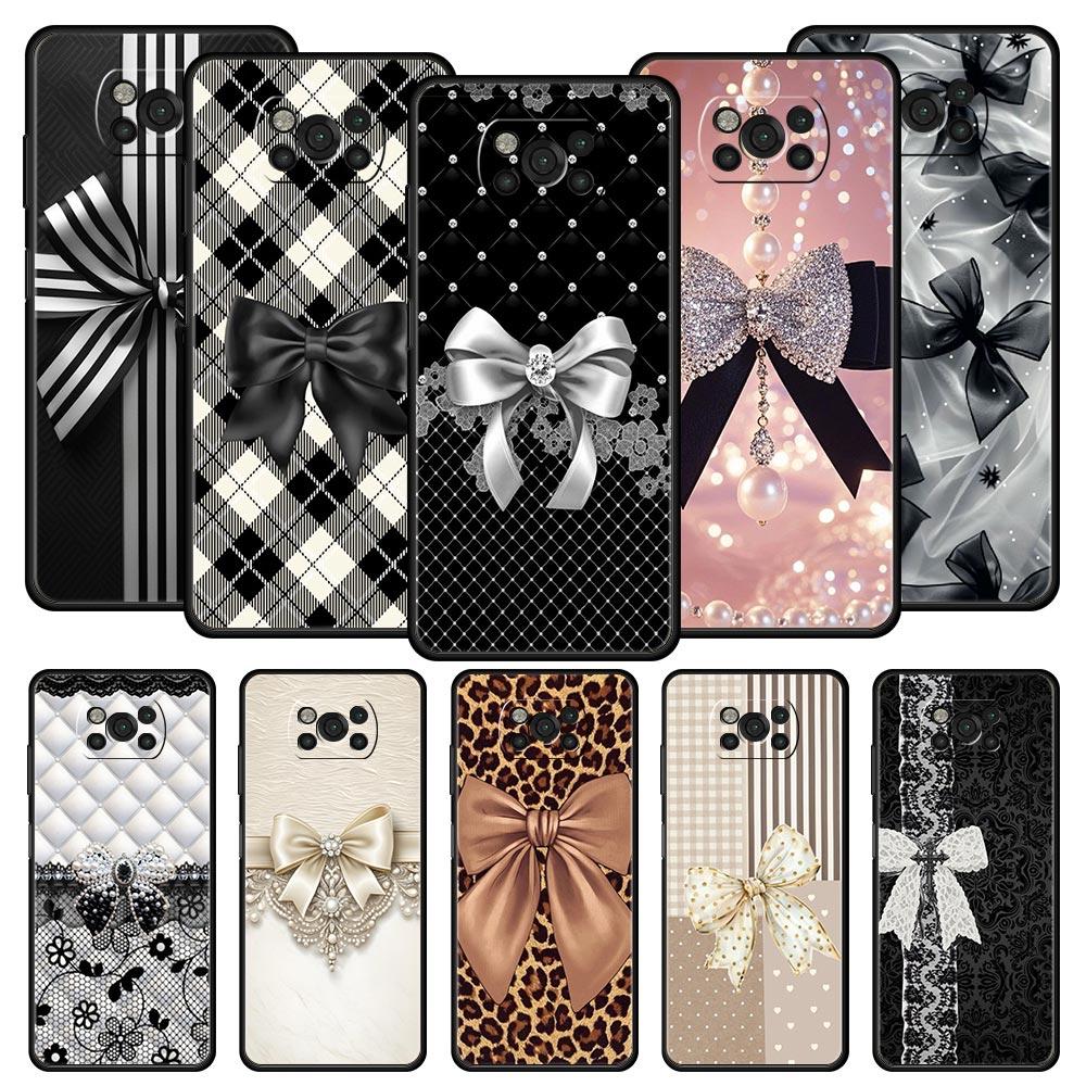 Чехол для телефона Xiaomi Poco F7 F6 F5 F4 F3 X7 X6 X5 X4 X3 NFC M4 C51 C55 GT Мягкий ТПУ Чехол Capas Черный Бант Искусственный Жемчуг Расписной