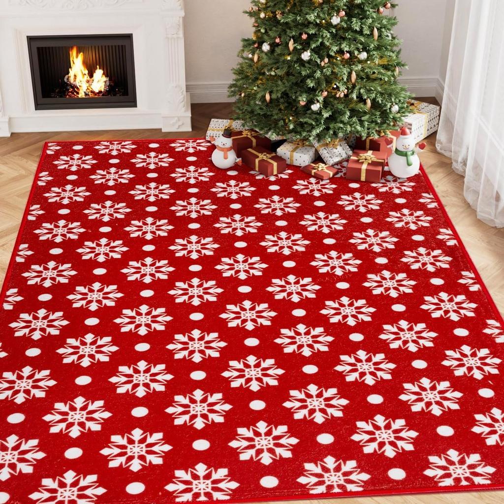 Christmas Large Area Rug Living Room Rug Machine Washable Rugs Low Pile Carpet Indoor Door Mat Red/White Non-Slip Snowflake Rug