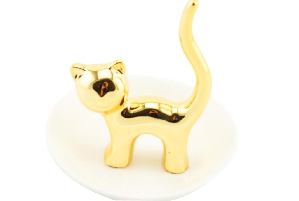Naissant Cute Cat Jewelry Stand with a Curved Tail Tray/Accessory (Gold)