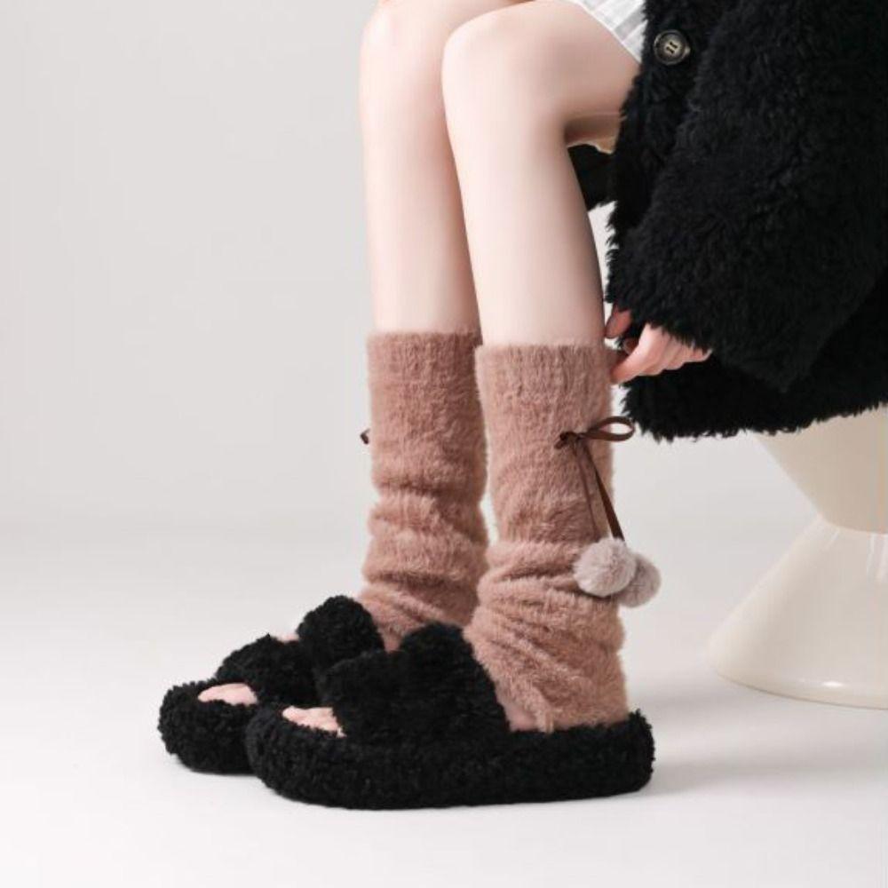 Plush Balls Balletcore Plush Stockings Y2k Lolita Bowknot Leg Warmer Fall Winter