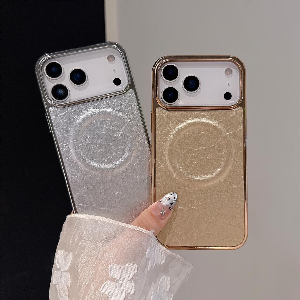 For iPhone 17 Pro Max Magnetic Case Electroplated Crackle Litchi Texture PU TPU PC Phone Back Cover