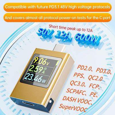 Тестер мощности USB Type-C, измеритель напряжения и тока постоянного тока, DC 4,5-50 В 0-12 А, амперметр-вольтметр, детектор, двунаправленное измерение