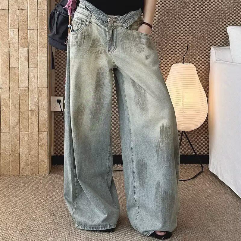Womens Vintage Tie-Dye Straight Leg Jeans 2026 Streetwear Slim Fit Long Pants