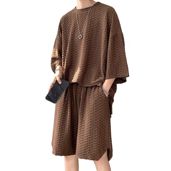 2Pcs/Set Men Casual Outfit O-neck Short Sleeve T-shirt Elastic Waist Pockets Design Wide Leg Shorts Set Solid