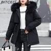 BITCED Women's Winter Mid-Length Cotton Coat with Fleece Lining, Large Fur Collar, Plus Size, Short Waist-Defining Jacket