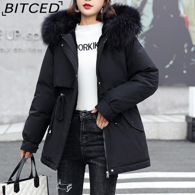 BITCED Women's Winter Mid-Length Cotton Coat with Fleece Lining, Large Fur Collar, Plus Size, Short Waist-Defining Jacket