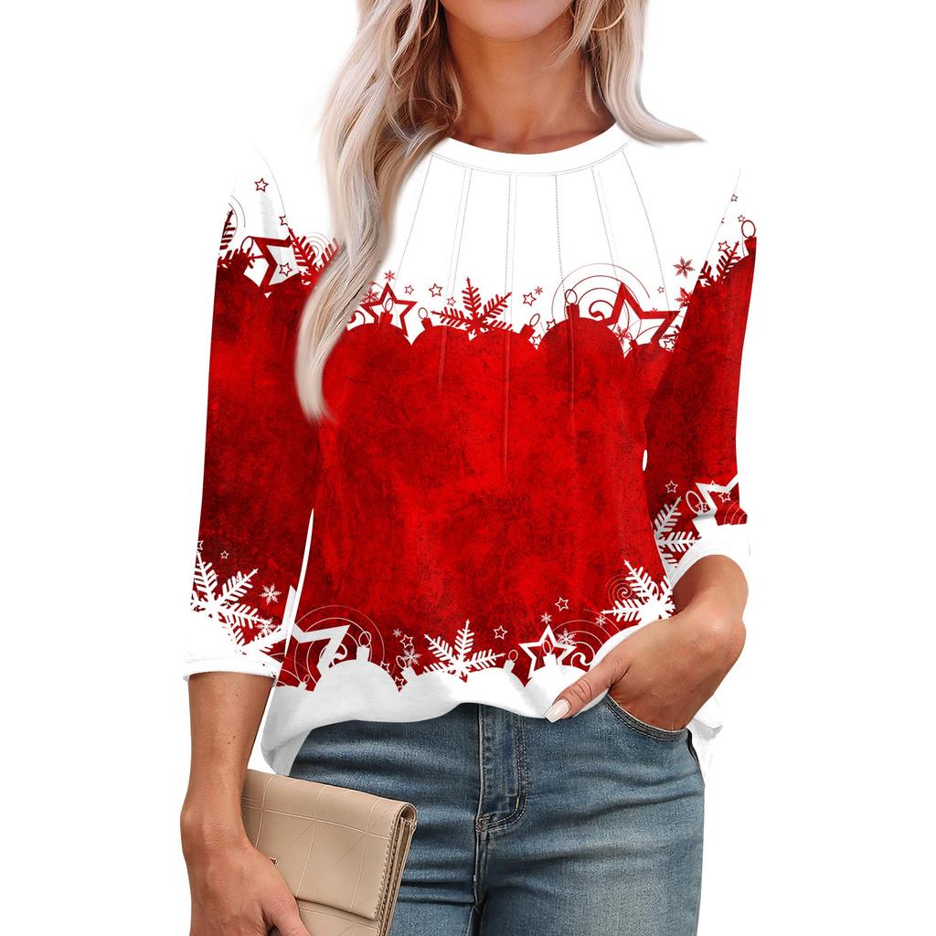 Женская модная футболка с круглым вырезом и рукавом 3/4 с принтом, повседневная, базовая, плиссированная, пуловер