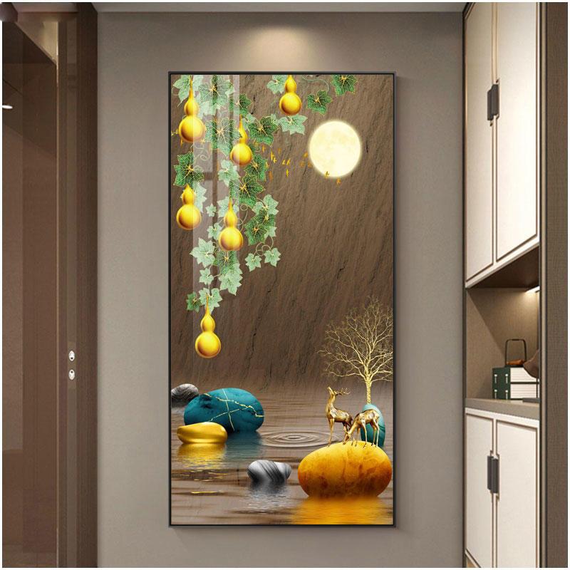 Abstract Fengshui Golden Zen Stone Canvas Painting Golden Moon Deer Wall Art Rich Tree Posters for Porch Wall Decor No Frame