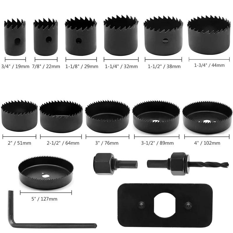Hole Saw Drill Bits Kit 8pcs 19-127mm with Mandrel Hex Shank for Metal Woodworking Cutting Tools