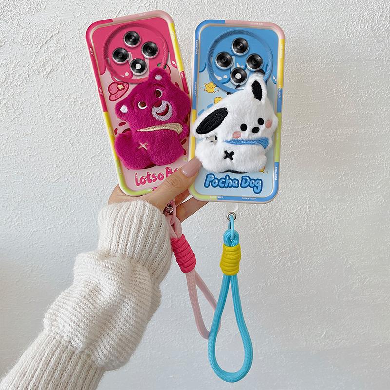 KEYSION Милый 3D мультяшный плюшевый чехол для OPPO Reno12 F 5G с ремешком, мягкий силиконовый противоударный чехол для телефона OPPO Reno 12F 5G