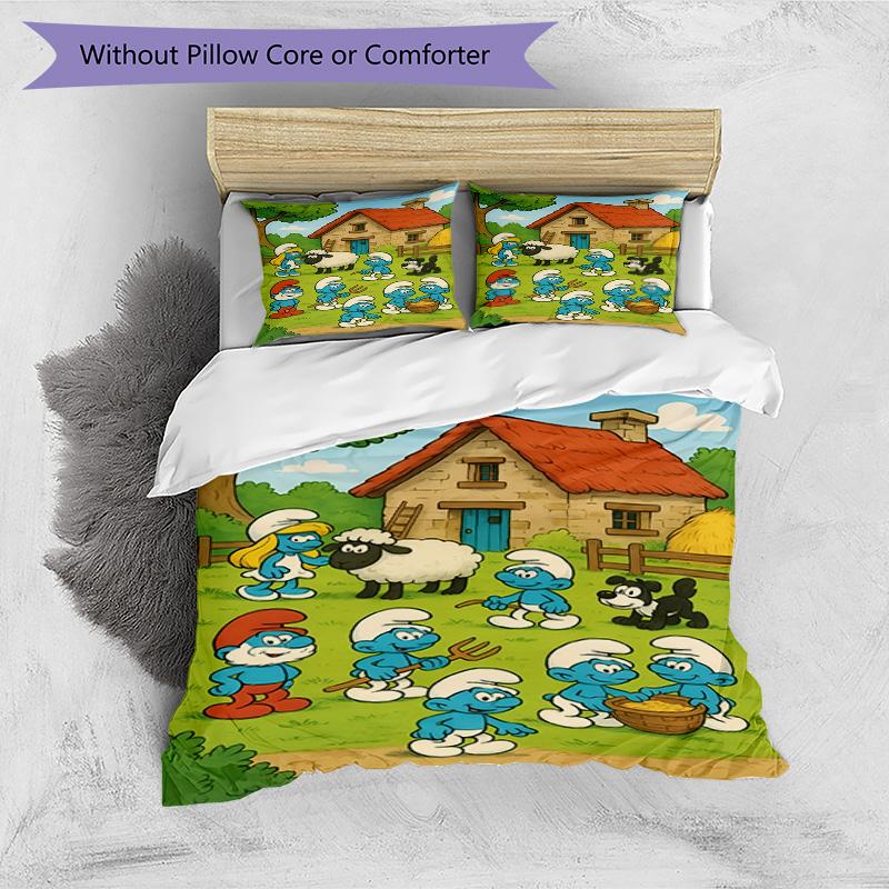3pcs Duvet Cover Set (1*Duvet Cover + 2*Pillowcase, Without Core), Blue Smurfs Print Bedding Set, Bedroom Decor, All‑Season, Birthday Gift