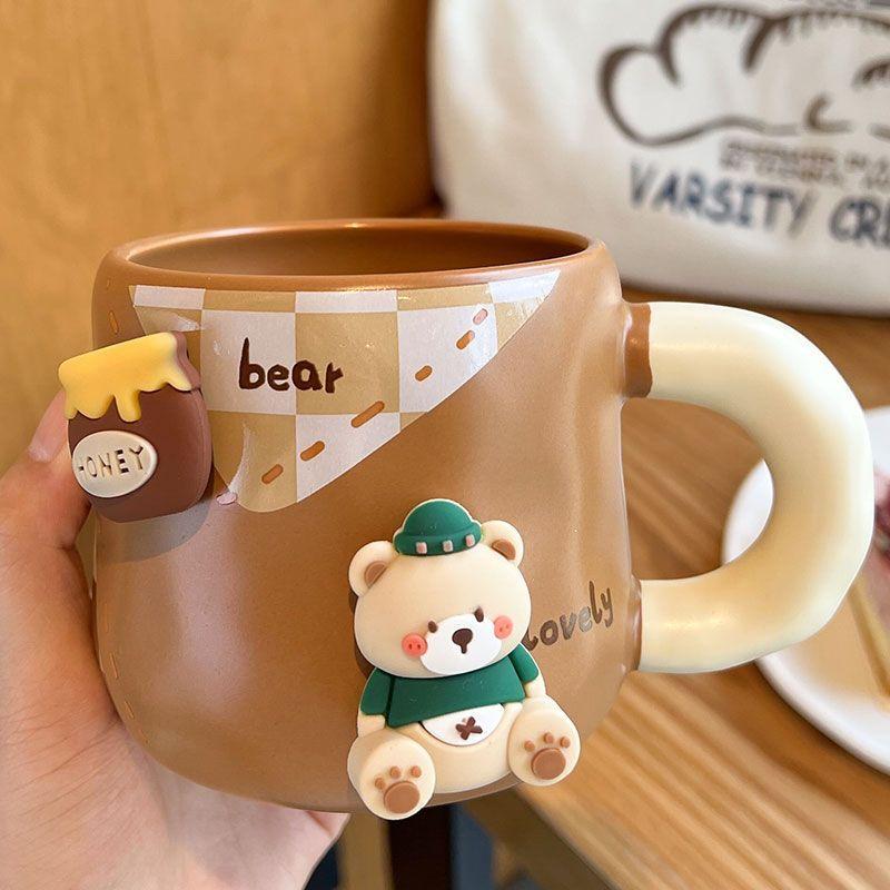Кружка Honey Bear из утолщенной керамики с крышкой и ложкой, кофейная чашка, 3D магнитная съемная адсорбционная вешалка, посуда для питья