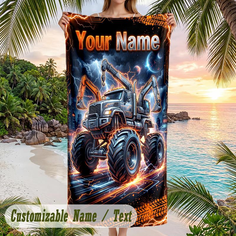 Monster Truck Theme Beach Towel Personalized Custom Name & Text Soft Quick Dry Beach Towel for Swimming Travel