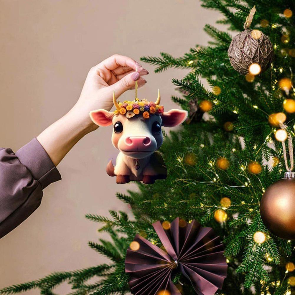 Cute Wooden Cartoon Cow Pendant Home Party Christmas Tree Ornament Toy CDN