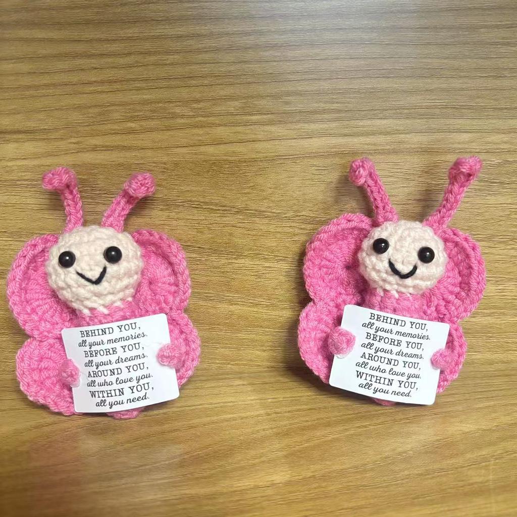 Funny Crochet Positive Emotional Support Butterfly Doll Home Room Decoration Handmade Knitted Butterfly Desktop Ornament Gift